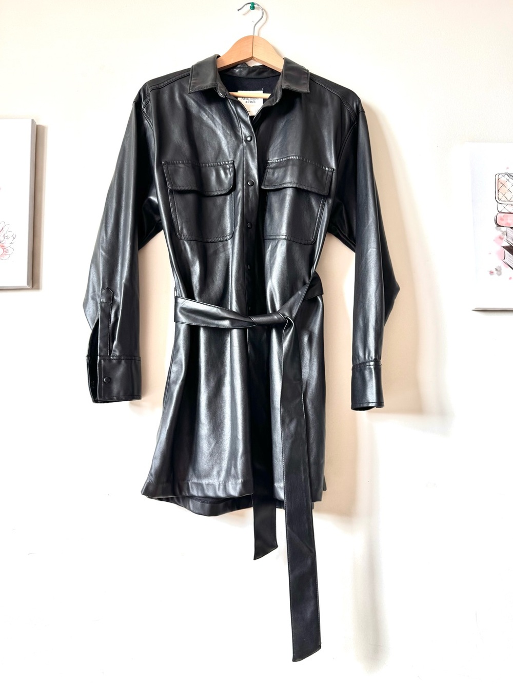 Abercrombie & Fitch Sz M Faux Leather Shirt Jacket Shacket Self Tie Belt